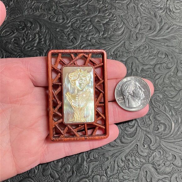Medusa Bust Mother of Pearl and Wood Pendant Cabochon Mini Art - Picture 6 of 7